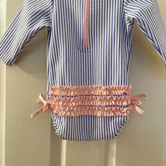 RuffleButts Seersucker One Piece Rash Guard Swimsuit Blue Pink Size 6-12 Months - Picture 12 of 15